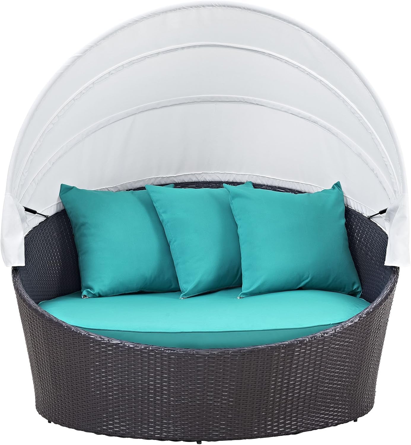 Convene Wicker Rattan Outdoor Patio Retractable Canopy round Poolside Sofa Daybed in Espresso Turquoise