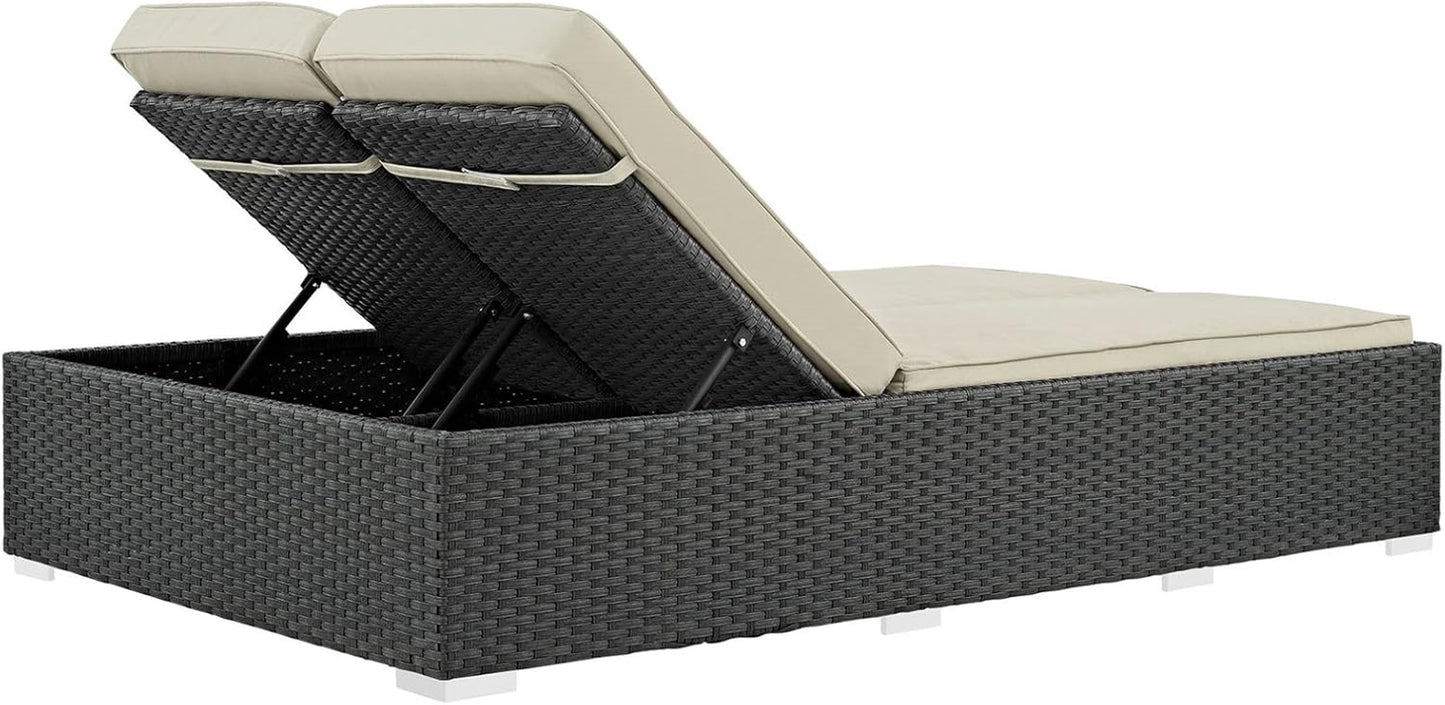 Sojourn Wicker Rattan Outdoor Patio Sunbrella Fabric Double Chaise in Chocolate Beige