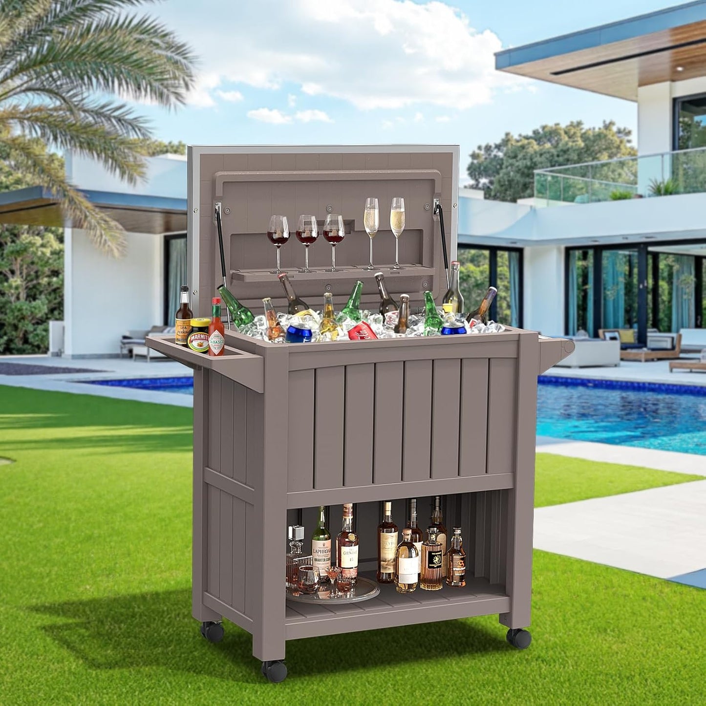 120-Quart Patio Cooler with Wheels, Outdoor Portable Rolling Cooler with Bottle Opener & Shelves, Stainless Steel Lid, Backyard Rolling Ice Chest for BBQ Party Camping Cookouts, Light Brown