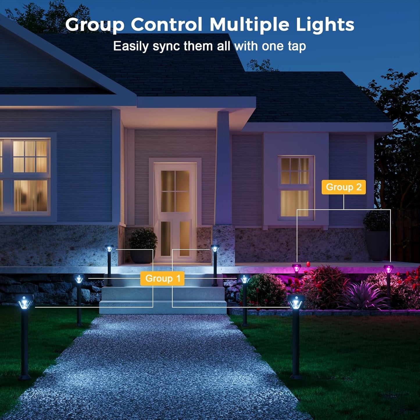 Smart Solar Pathway Lights Outdoor, Motion Sensor Landscape Lighting, 150LM Bright Solar Garden Lights with Bluetooth APP Control, RGB & Warm White Color Changing, IP65 Waterproof, 4 Pack