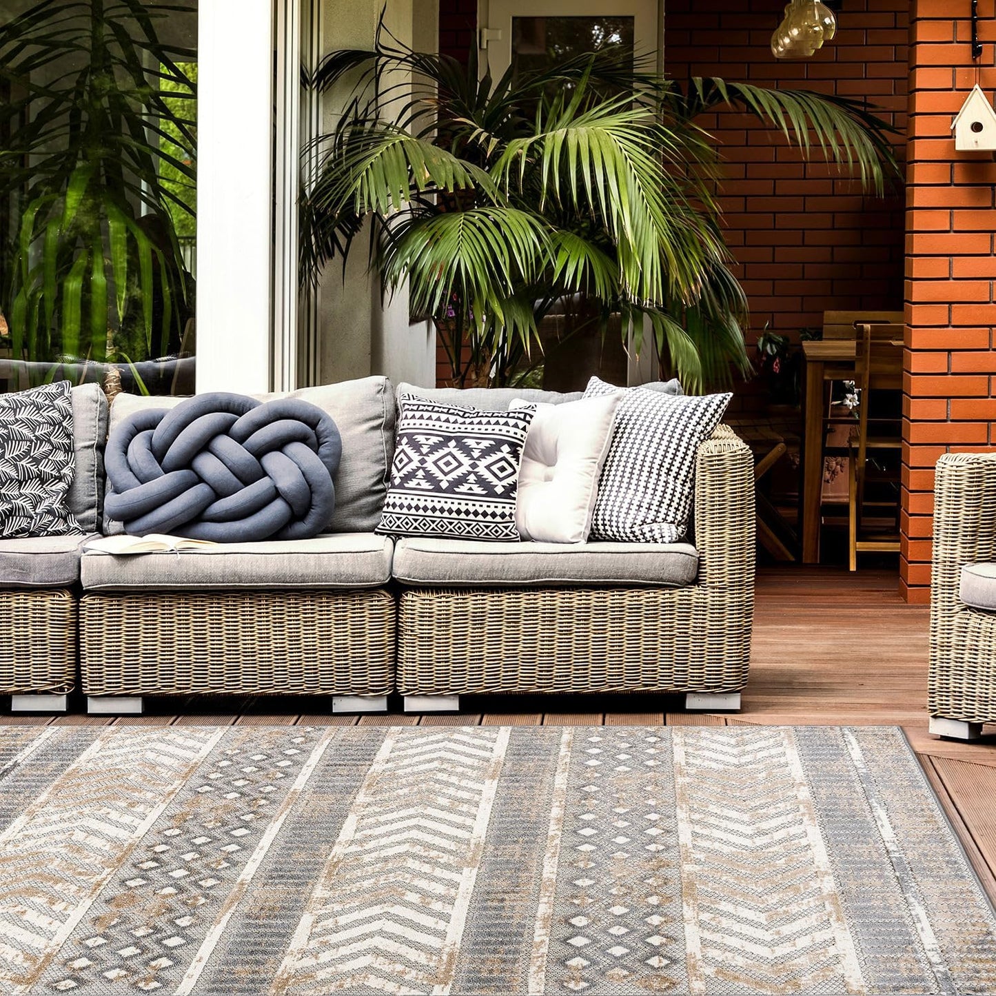 Distressed Geometric Indoor/Outdoor Beige Area Rug Modern Tribal Stripe, Durable Stain Resistant Perfect for Patio, Backyard, Deck and Outdoor Lounge 5' X 7'