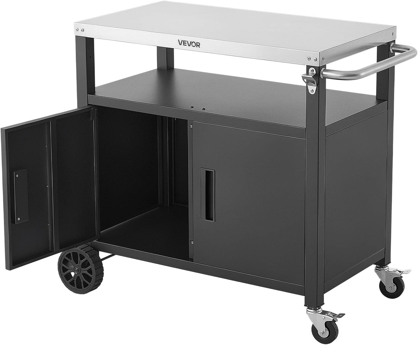 Outdoor Grill Cart with Storage Cabinet, 36.4 Inch Grill Table, Waterproof Kitchen Island with Stainless Steel Top, Shelf, and Wheels, Movable Food Prep Station for Patio Bar Backyard BBQ