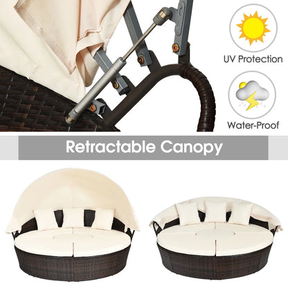 Cushioned Patio Rattan round Daybed W/ Adjustable Table 3 Pillows Canopy