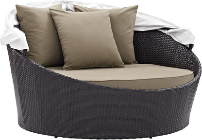 Convene Wicker Rattan Outdoor Patio Retractable Canopy round Poolside Sofa Daybed in Espresso Mocha