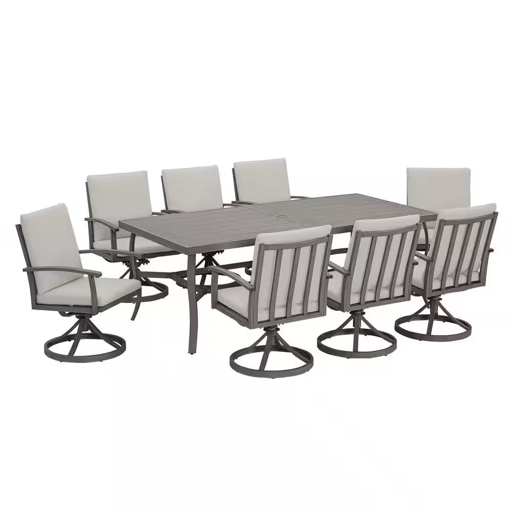 Alulux 9-Piece Aluminum Outdoor Dining Set with Swivel Rockers Chairs and Gray Cushions