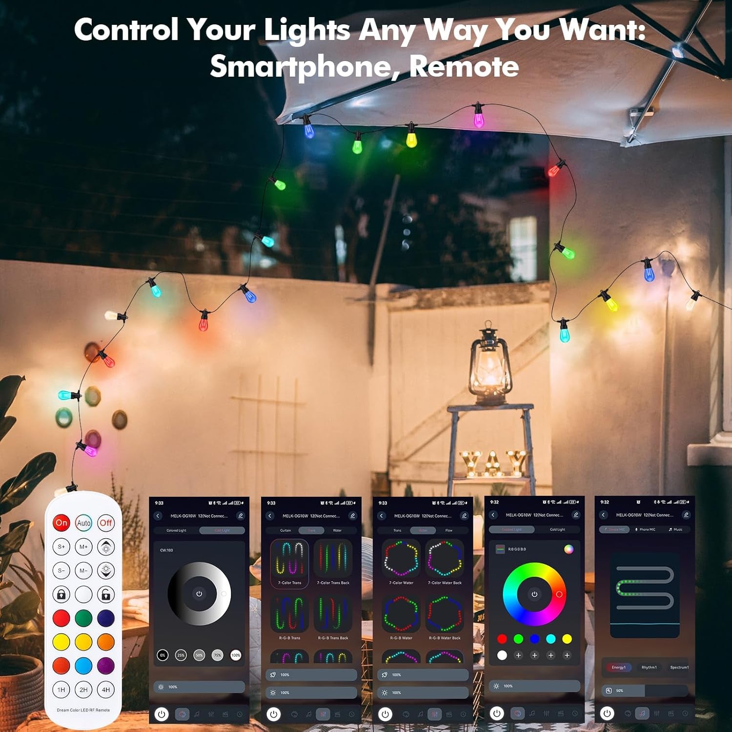 Outdoor String Lights Waterproof Patio Lights 104FT (2X52Ft) 40 RGBW Dimmable LED Bulbs, APP & Remote Control, Shatterproof Hanging Color Changing Lights for outside Backyard Party Porch Balcony