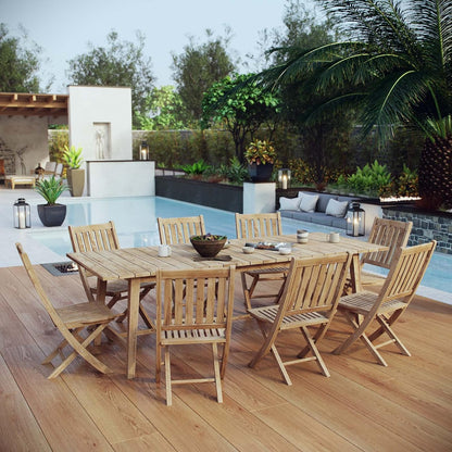 EEI-3313-NAT-SET Marina 9 Piece Patio Teak Outdoor Dining Set in Natural, Eight Folding Side Chair/One Table,