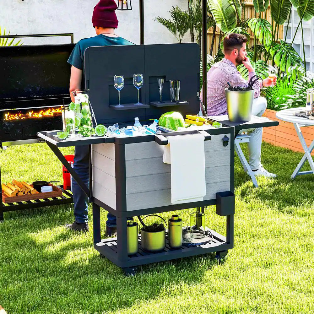 104 Qt. Large Capacity Patio Cooler Cart, Ice Chest with Bottle Opener and Shelves, Outdoor Beverage Bar Cart in Gray