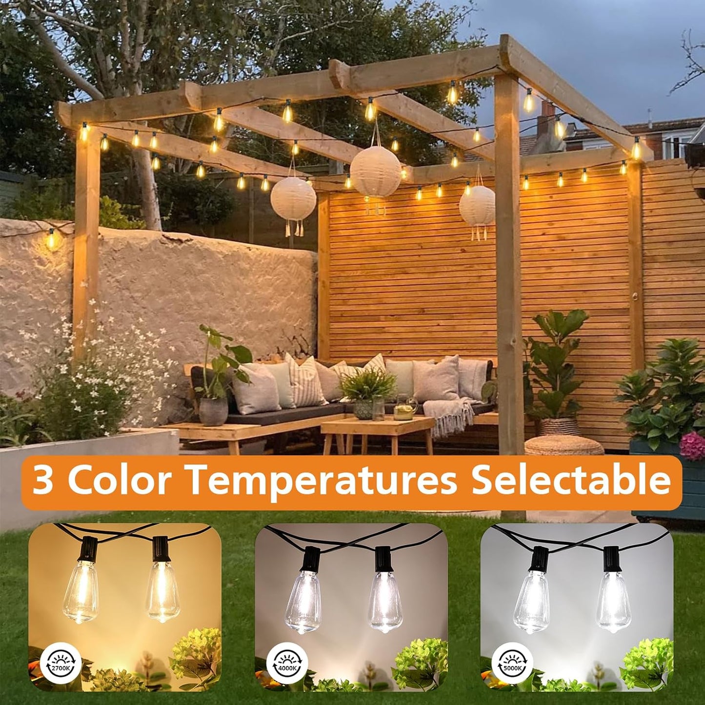 200FT Outdoor String Lights with Remote, 2700K/4000K/5000K Selectable LED String Lights for outside with 100+4 ST38 Edison Bulbs, 3 Modes Dimmable Patio Lights Waterproof for Camping, Deck