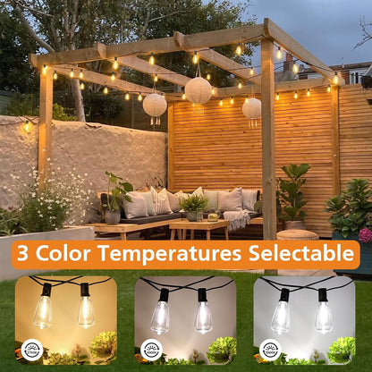 200FT Outdoor String Lights with Remote, 2700K/4000K/5000K Selectable LED String Lights for outside with 100+4 ST38 Edison Bulbs, 3 Modes Dimmable Patio Lights Waterproof for Camping, Deck