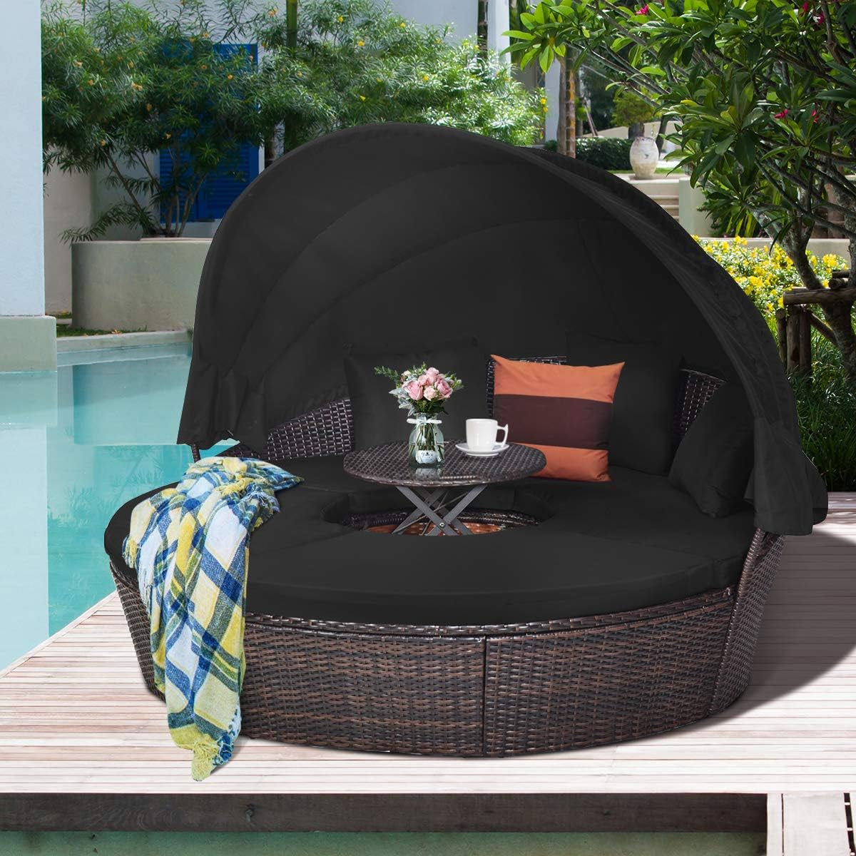 Patio round Daybed with Retractable Canopy, Wicker Furniture Sectional Couch with Separate Cushioned Seats, Adjustable Table Top, Patio Rattan Daybed Sofa for Backyard, Poolside, Black