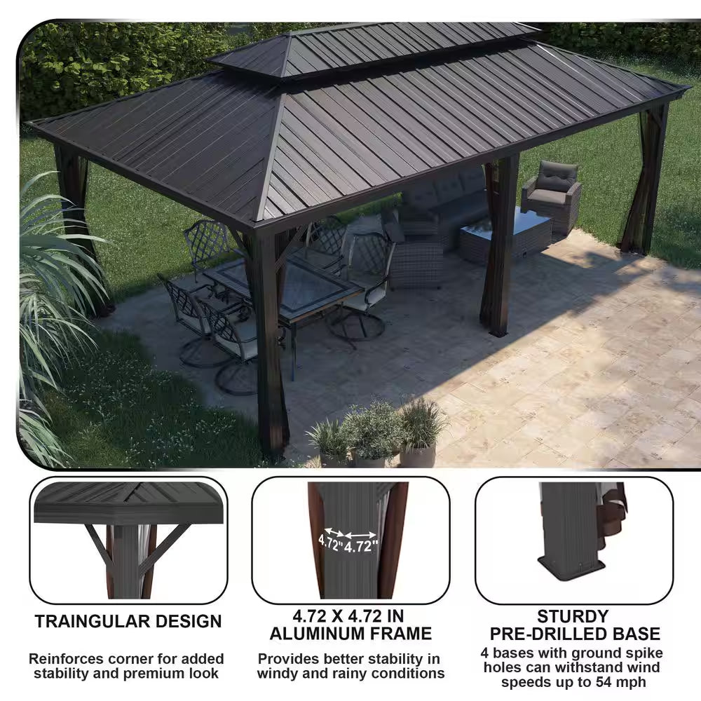 12 Ft. X 20 Ft. Brown Aluminum Frame Double Iron Roof Hardtop Gazebo with Hooks and Mosquito Netting, for Backyard Patio
