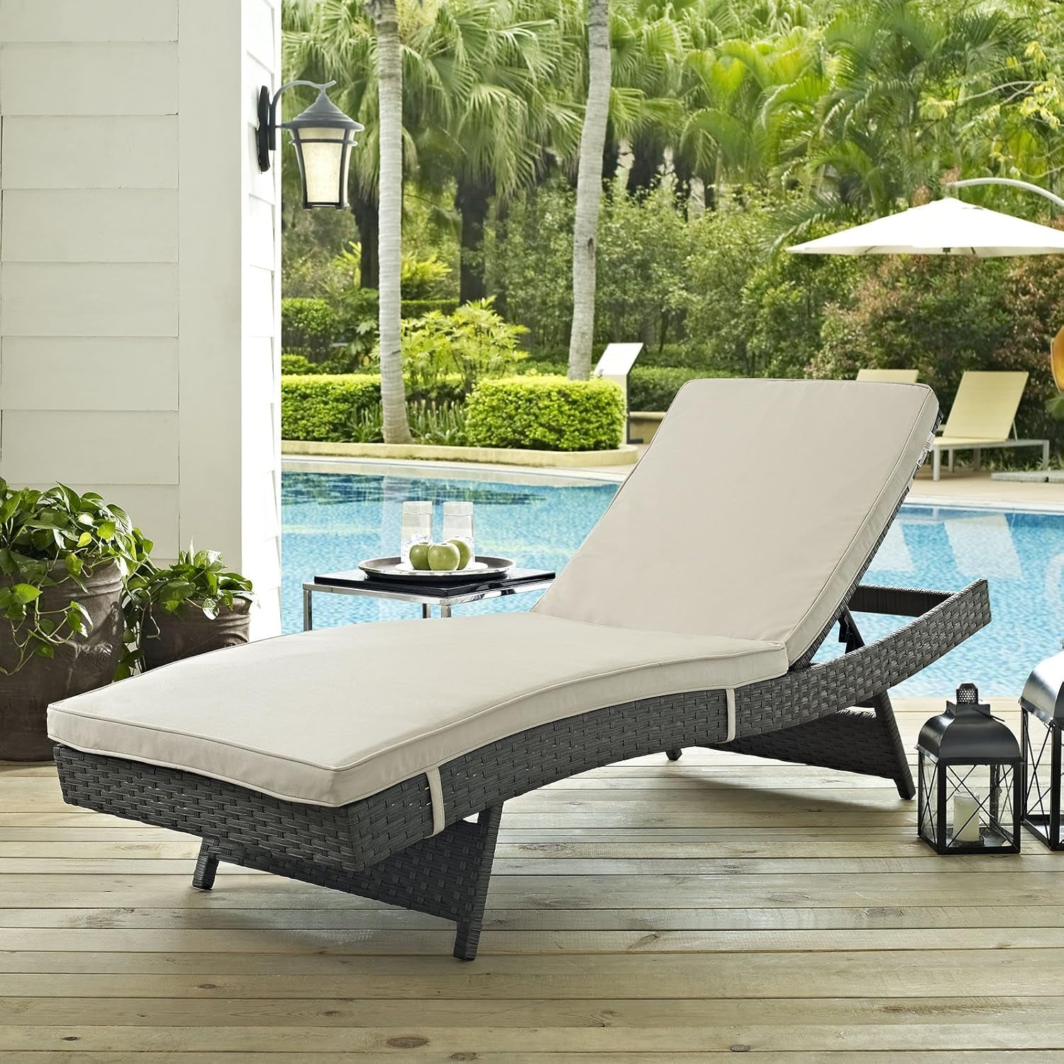 Sojourn Wicker Rattan Outdoor Patio Sunbrella Fabric Chaise Lounge in Antique Canvas Beige