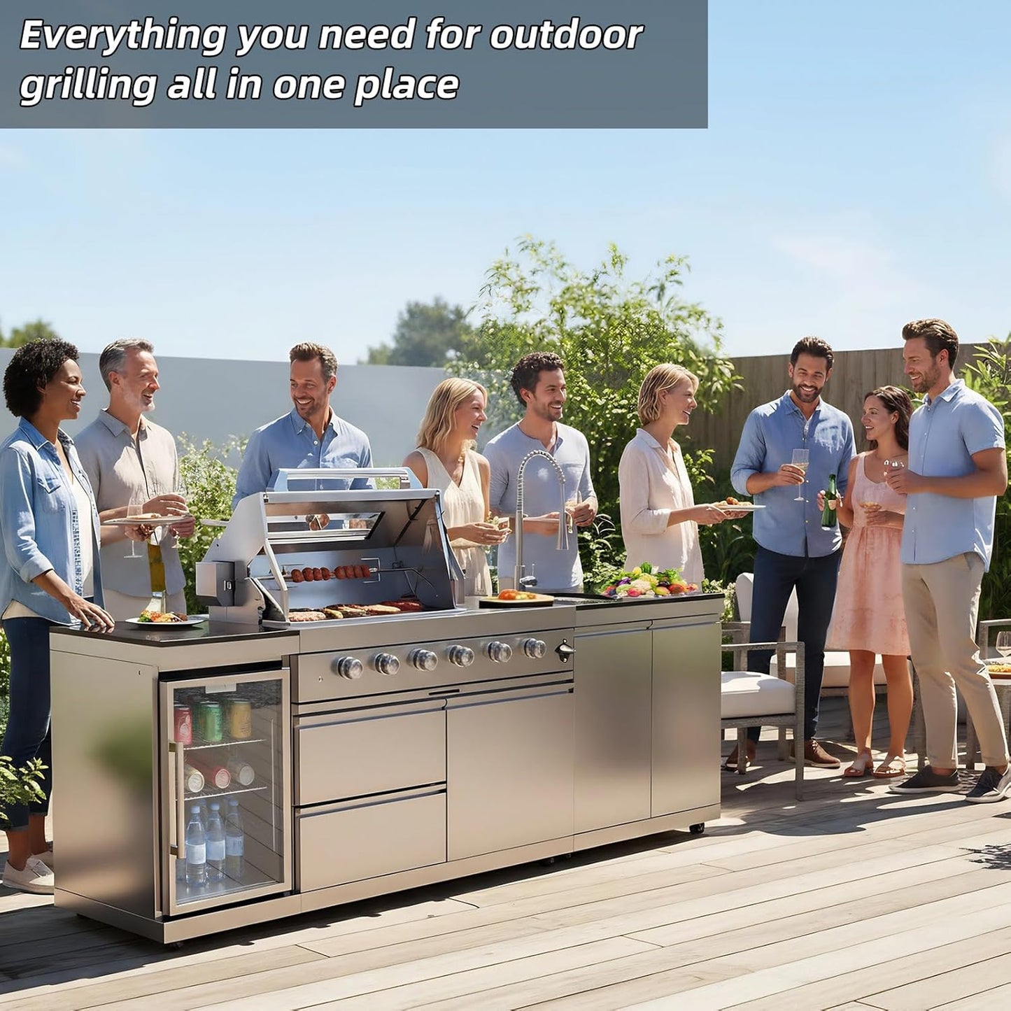 98.4 Inch Outdoor Kitchen Island, 72000 BTU Modular Propane Gas Grill Combination with Refrigerator and Sink, Outdoor Stainless Steel Barbecue Bar, Propane Grill for Patios, Gardens, Parties