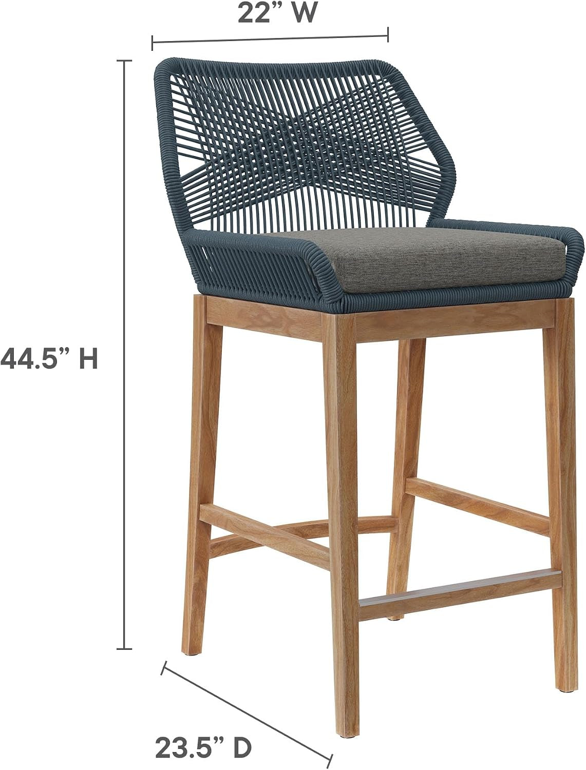 Wellspring 3-Piece Teak Wood Outdoor Bar Set in Blue Graphite – Bar Height Patio Dining Set with 2 Woven Rope Bar Stools and 1 Wood Pub Table