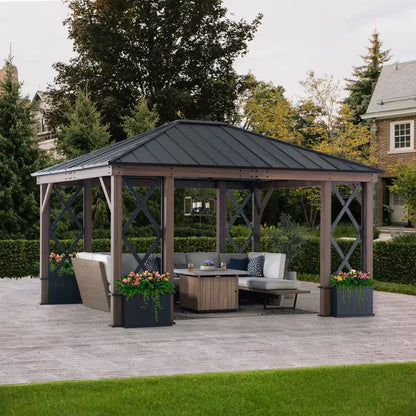 13 Ft. X 15 Ft. Black Galvanized Steel Aluminum Framed Hardtop Gazebo with Planters Shelves and Private Screen