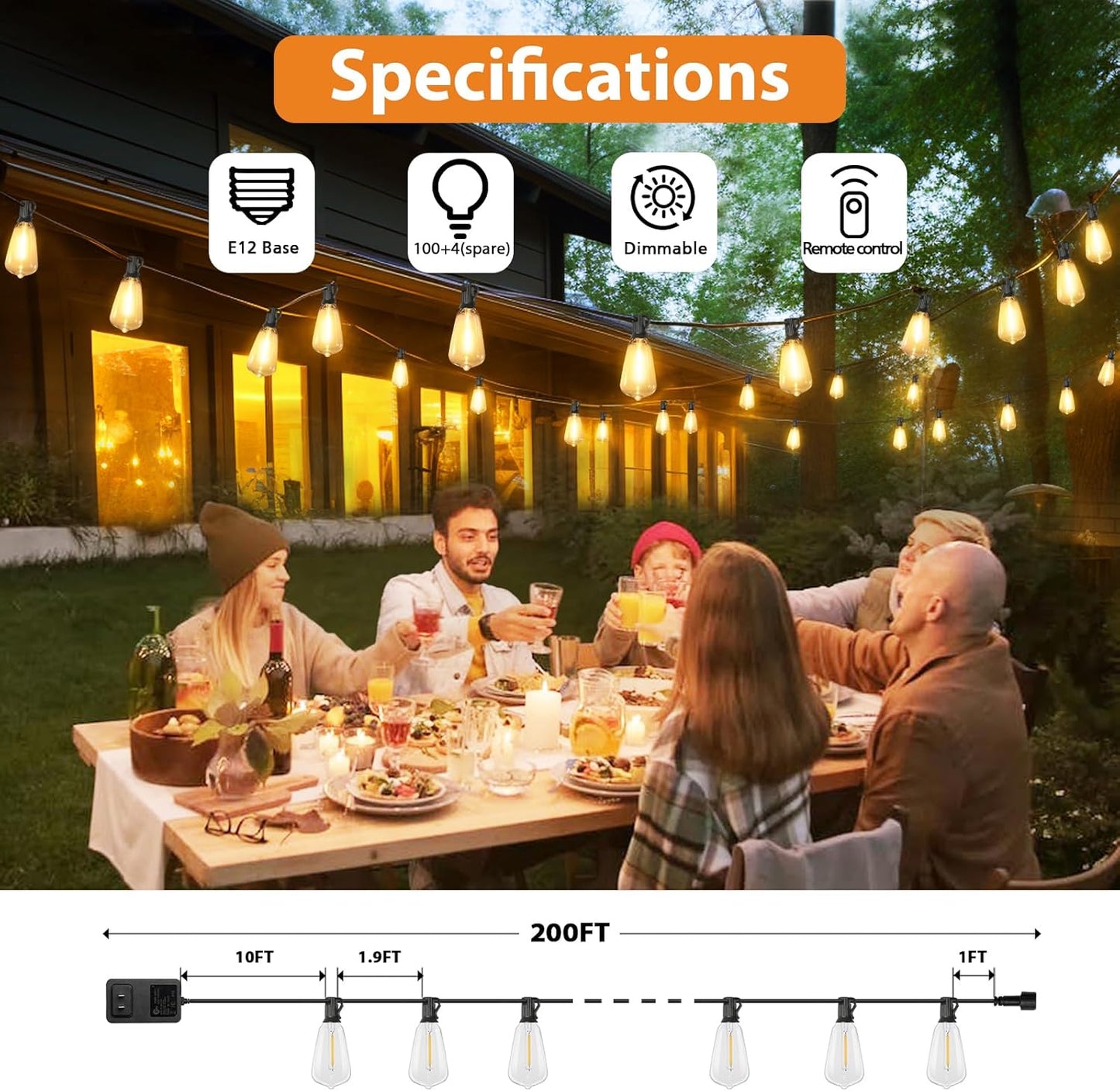 200FT Outdoor String Lights with Remote, 2700K/4000K/5000K Selectable LED String Lights for outside with 100+4 ST38 Edison Bulbs, 3 Modes Dimmable Patio Lights Waterproof for Camping, Deck