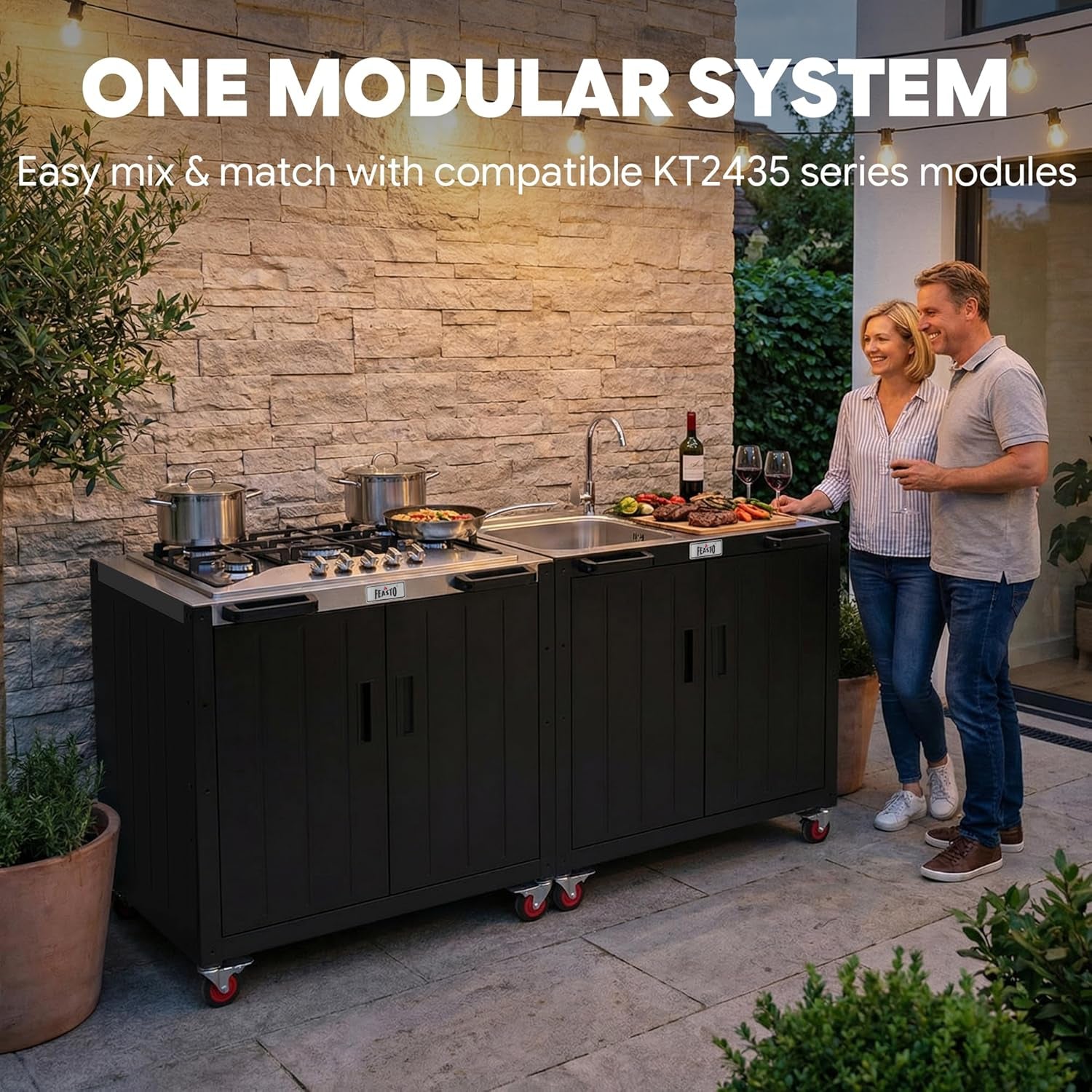 Outdoor Kitchen Island with Propane Gas Stove and Storage Cabinet, 35-Inch Outdoor Cooking Station with 304 Stainless Steel Top & Lockable Wheels for Backyard Patio, Black & Silver