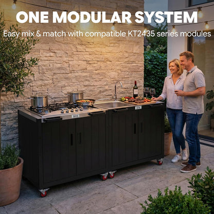 Outdoor Kitchen Island with Propane Gas Stove and Storage Cabinet, 35-Inch Outdoor Cooking Station with 304 Stainless Steel Top & Lockable Wheels for Backyard Patio, Black & Silver