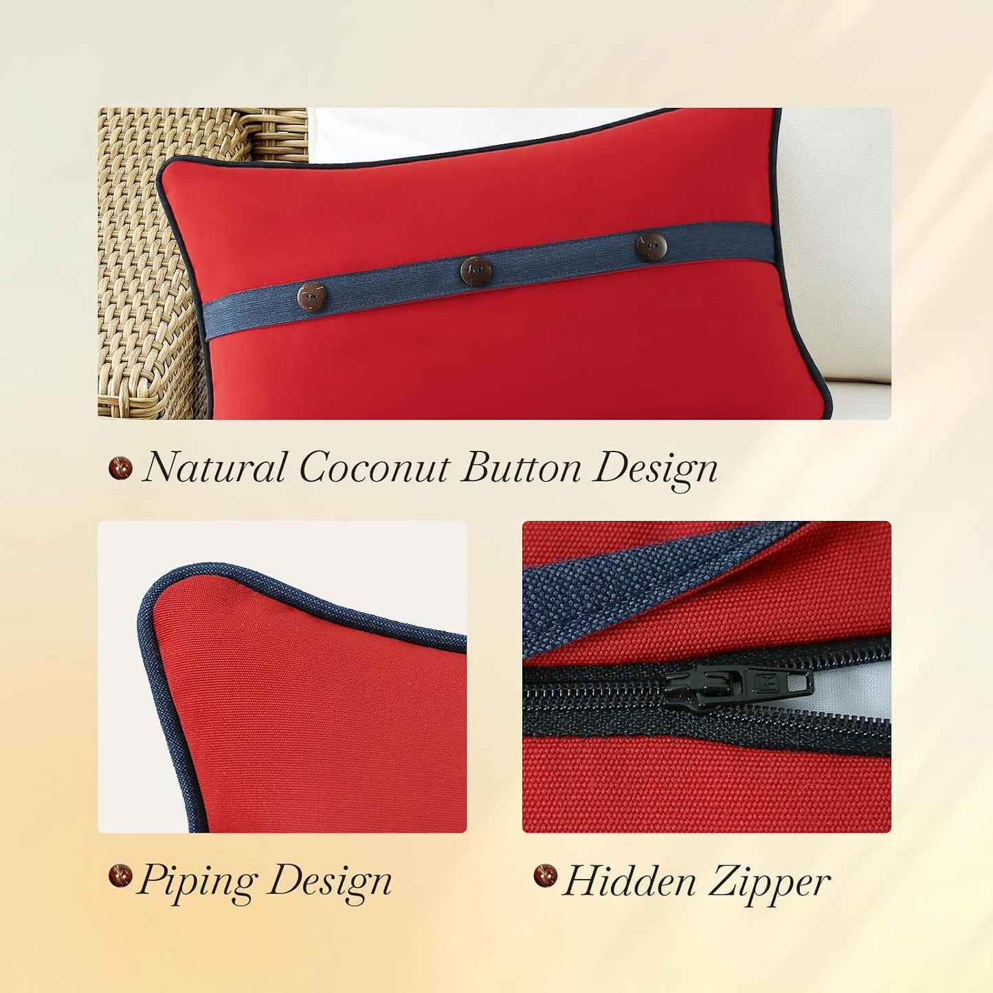 Outdoor Sunbrella Decorative Pillows with Triple Coconut Buttons Pack of 4, 20" X 12" Outdoor Pillow Set for Couch Bed Throw Patio Sofa, Canvas Logo Red/Specrtum Indigo