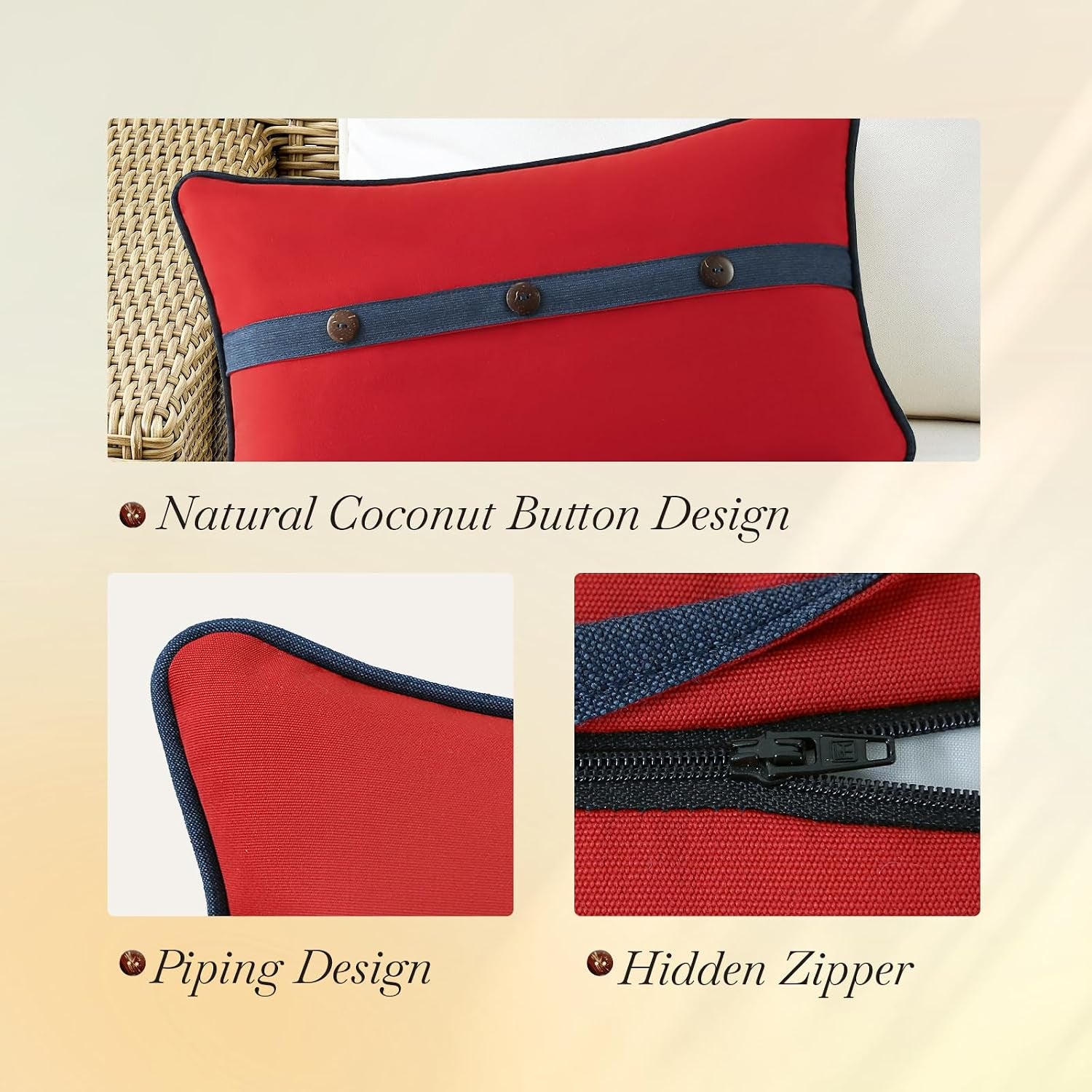 Outdoor Sunbrella Decorative Pillows with Triple Coconut Buttons Pack of 4, 20" X 12" Outdoor Pillow Set for Couch Bed Throw Patio Sofa, Canvas Logo Red/Specrtum Indigo