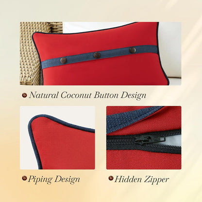 Outdoor Sunbrella Decorative Pillows with Triple Coconut Buttons Pack of 4, 20" X 12" Outdoor Pillow Set for Couch Bed Throw Patio Sofa, Canvas Logo Red/Specrtum Indigo