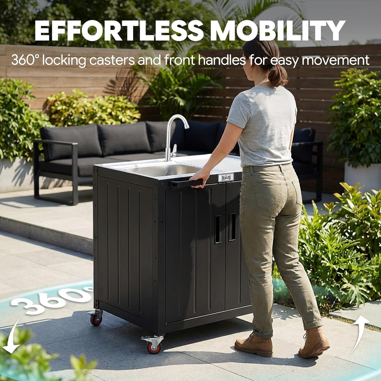 Outdoor Kitchen Island with Stainless Steel Sink and Storage Cabinet, 35-Inch BBQ Prep Station with Faucet & Lockable Wheels for Patio, Backyard, and Outdoor Cooking, Black & Silver