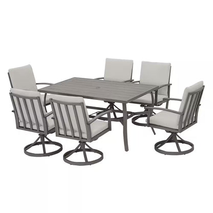 Alulux 7-Piece Aluminum Outdoor Dining Set with Swivel Rockers Chairs and Gray Cushions