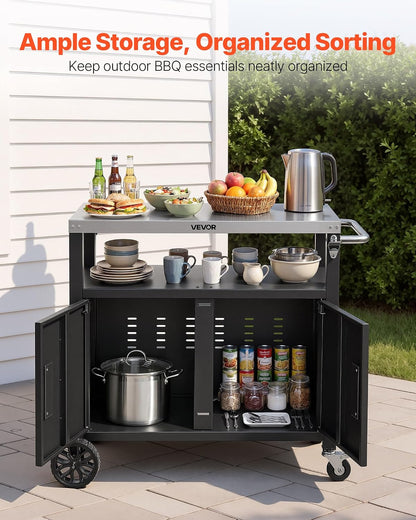 Outdoor Grill Cart with Storage Cabinet, 36.4 Inch Grill Table, Waterproof Kitchen Island with Stainless Steel Top, Shelf, and Wheels, Movable Food Prep Station for Patio Bar Backyard BBQ