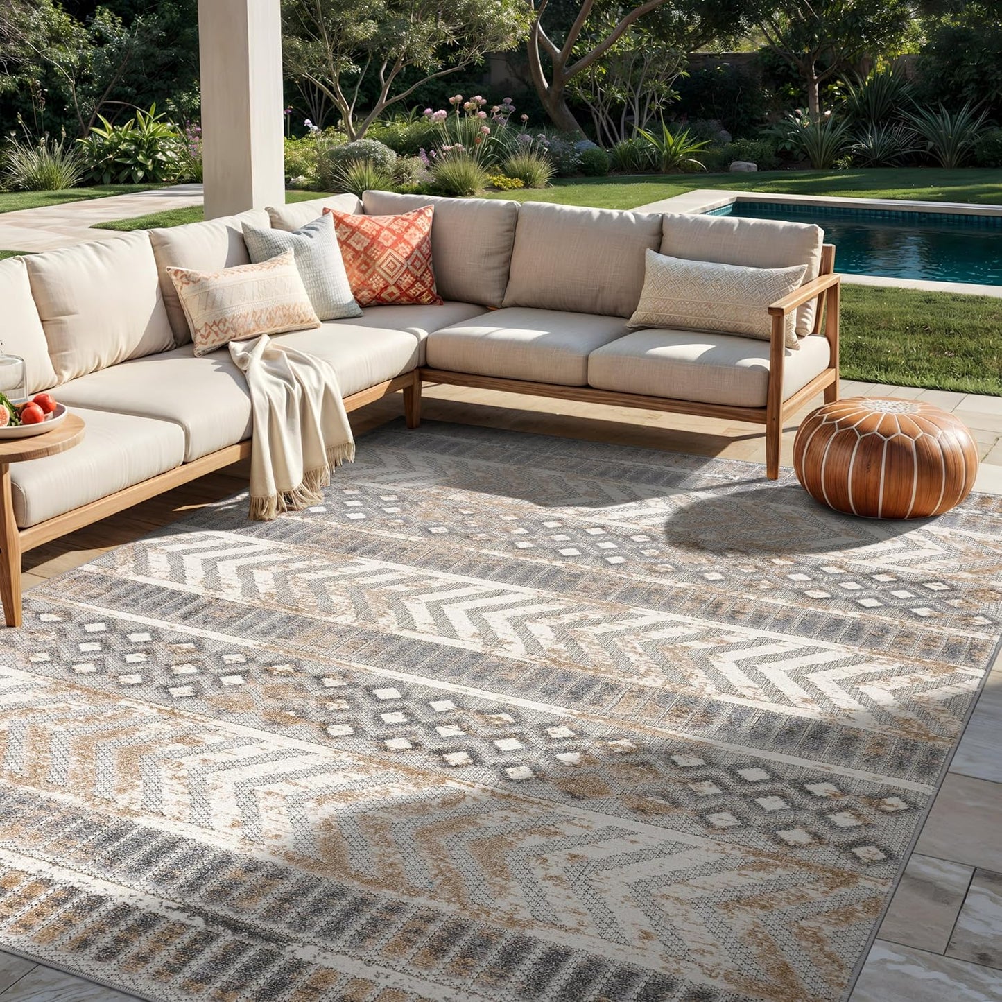 Distressed Geometric Indoor/Outdoor Beige Area Rug Modern Tribal Stripe, Durable Stain Resistant Perfect for Patio, Backyard, Deck and Outdoor Lounge 5' X 7'
