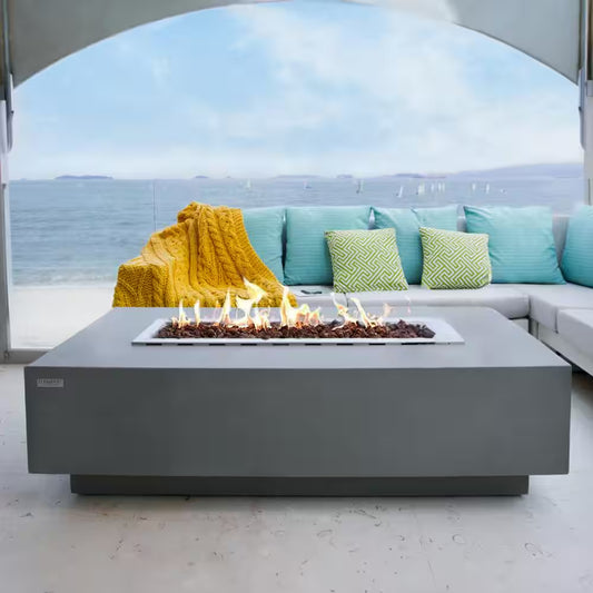 Granville Outdoor Fire Pit 60 In. X 27 In. Rectangular Concrete Propane Fire Table with Lava Rocks and Cover