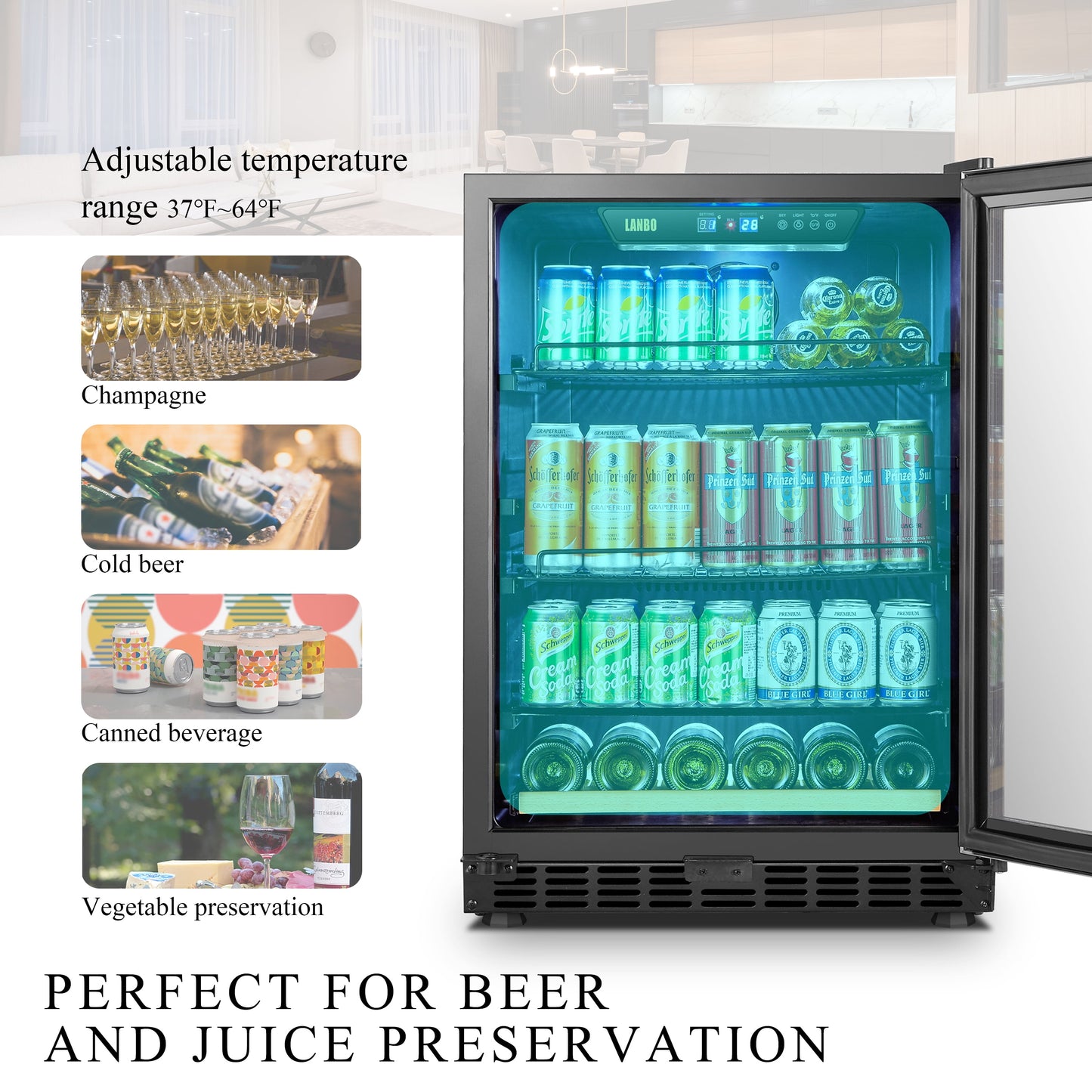 110 Cans 6 Bottle under Counter Built-In Compressor Beverage Center Cooler, 24 Inch Wide
