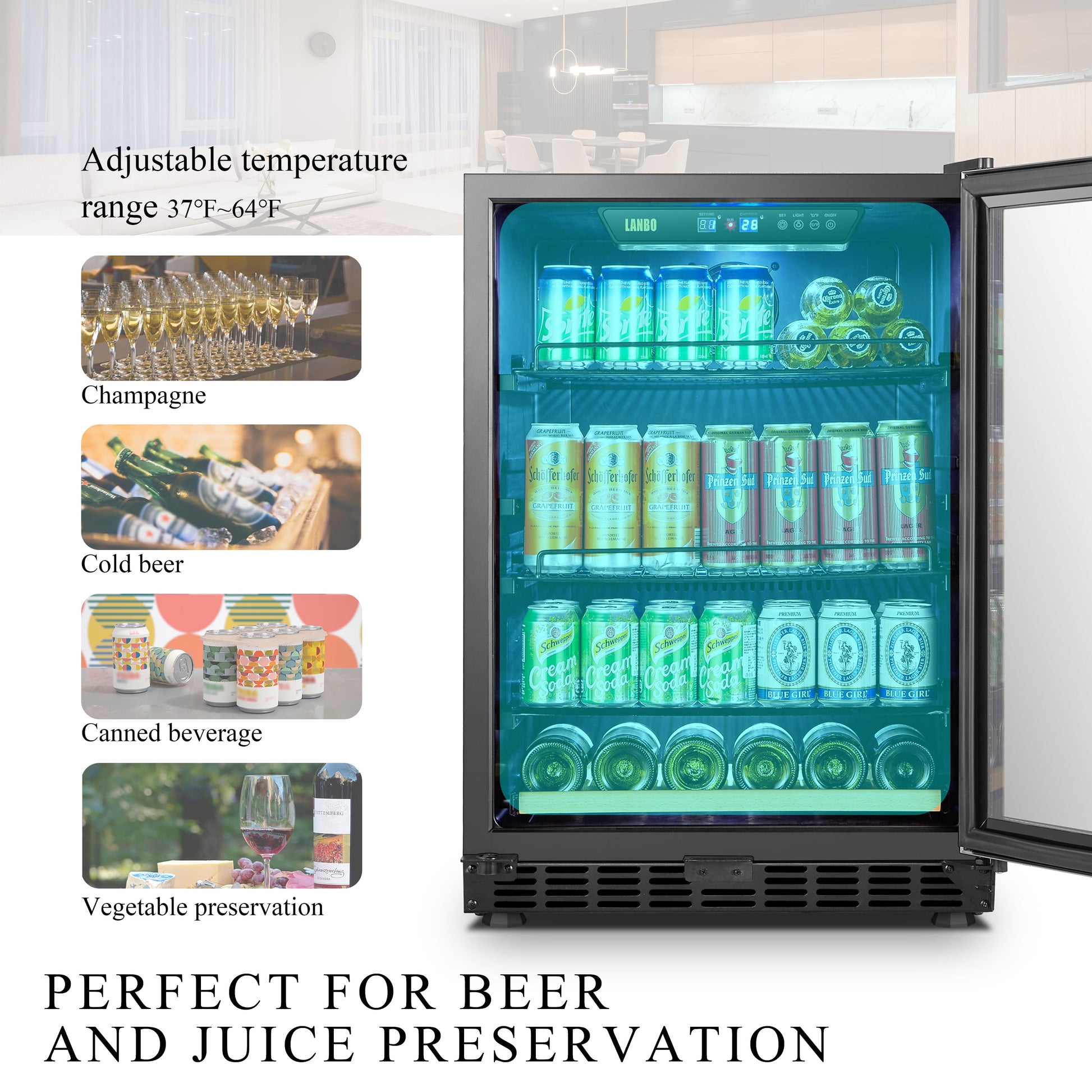 110 Cans 6 Bottle under Counter Built-In Compressor Beverage Center Cooler, 24 Inch Wide