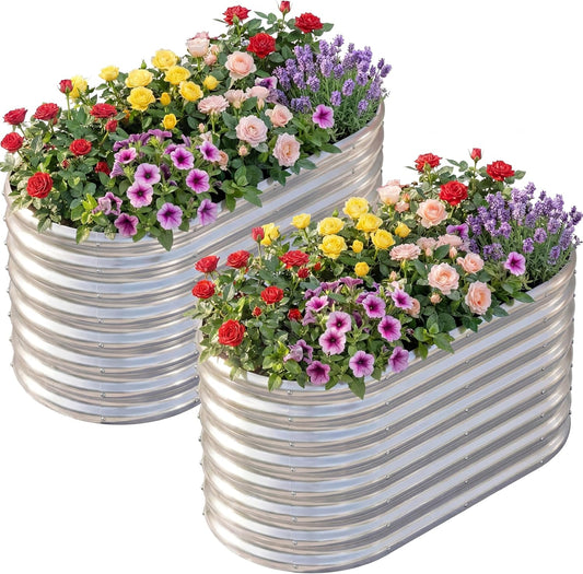 2 Pack 4×2×2Ft Galvanized Raised Garden Bed Outdoor,Oval Sturdy and Durable Planter Boxes for Vegetables, Fruits, Flowers and Plants, Easy Assembly, Silver