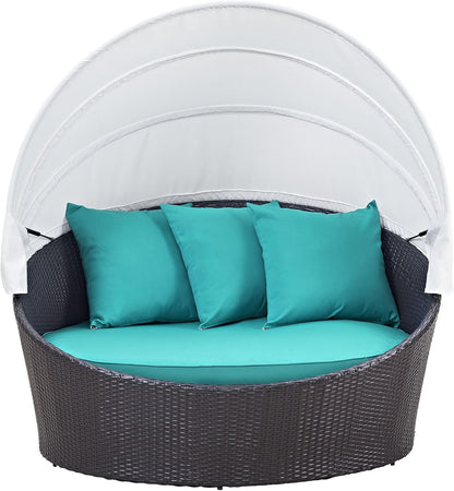 Convene Wicker Rattan Outdoor Patio Retractable Canopy round Poolside Sofa Daybed in Espresso Turquoise
