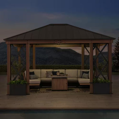 13 Ft. X 15 Ft. Black Galvanized Steel Aluminum Framed Hardtop Gazebo with Planters Shelves and Private Screen