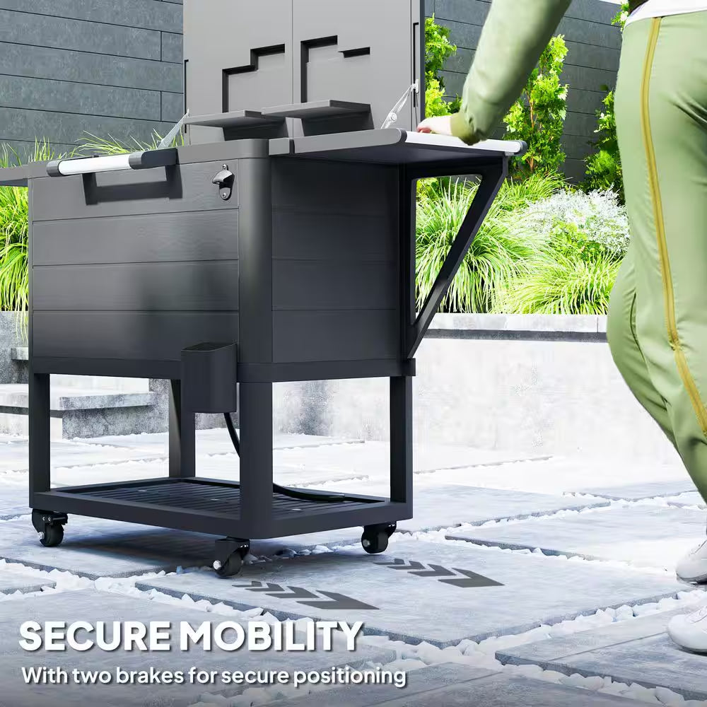 104 Qt. Large Capacity Patio Cooler Cart, Ice Chest with Bottle Opener and Shelves, Outdoor Beverage Bar Cart in Black