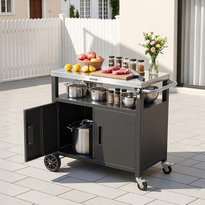 Outdoor Grill Cart with Storage Cabinet, 36.4 Inch Grill Table, Waterproof Kitchen Island with Stainless Steel Top, Shelf, and Wheels, Movable Food Prep Station for Patio Bar Backyard BBQ