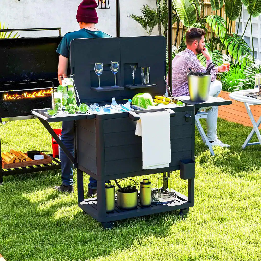 104 Qt. Large Capacity Patio Cooler Cart, Ice Chest with Bottle Opener and Shelves, Outdoor Beverage Bar Cart in Black