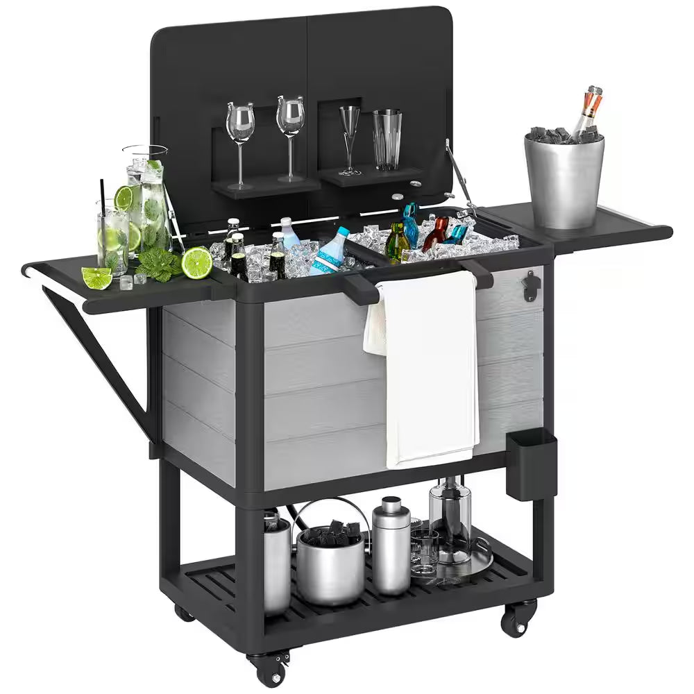 104 Qt. Large Capacity Patio Cooler Cart, Ice Chest with Bottle Opener and Shelves, Outdoor Beverage Bar Cart in Gray