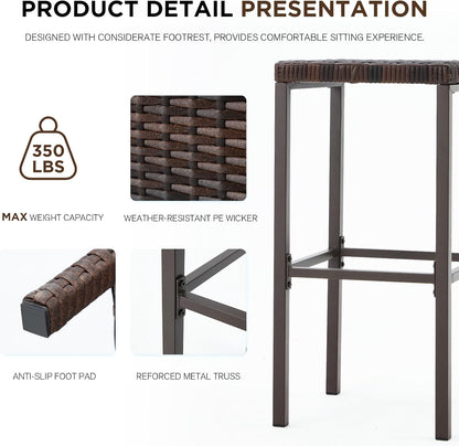 Outdoor Tiki Bar Set, 3 Pieces Wicker Patio Bar Set W/2 Height Stools, Storage Shelf, Canopy, Plastic Wood Tabletop for Backyard Poolside Garden, Brown