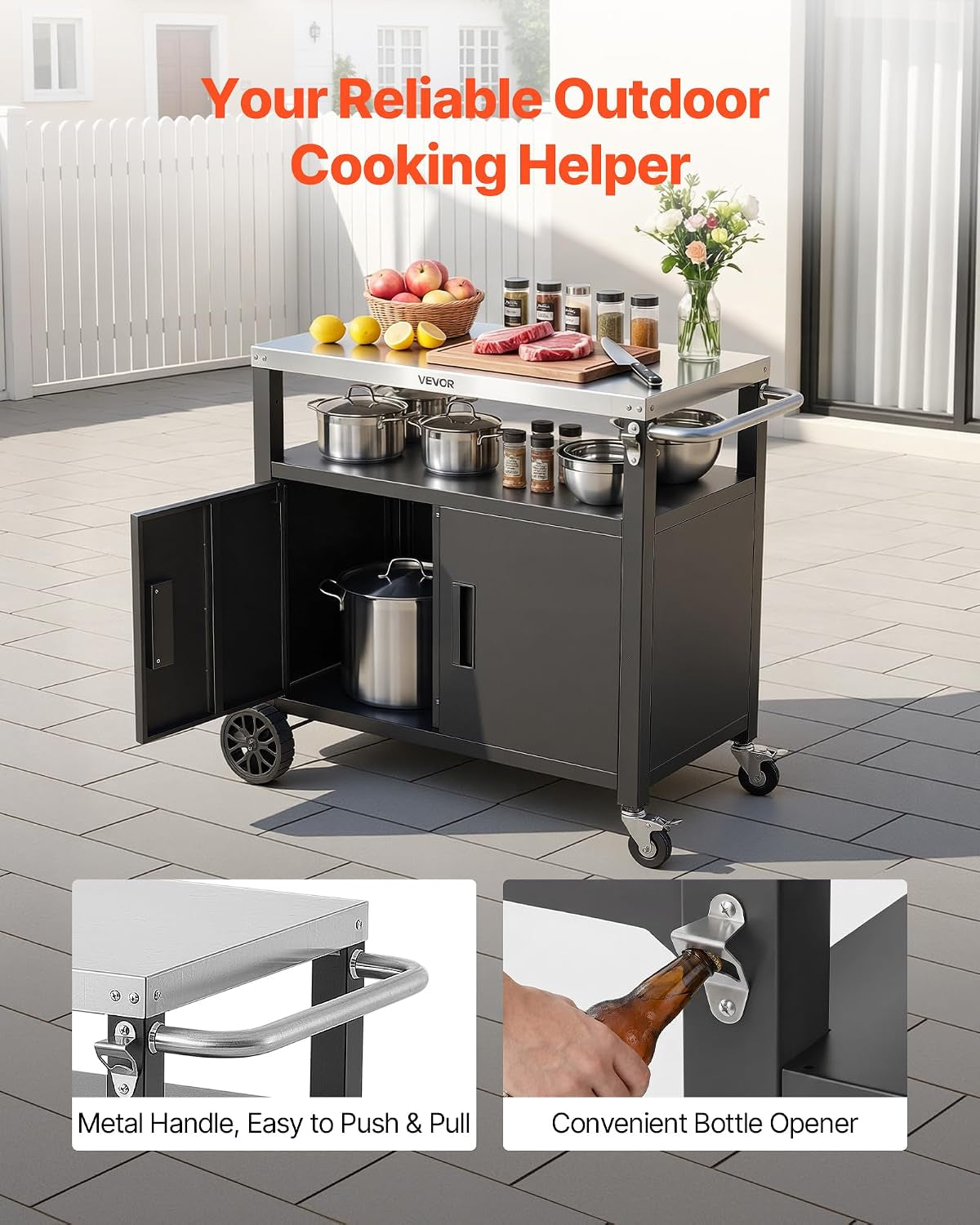Outdoor Grill Cart with Storage Cabinet, 36.4 Inch Grill Table, Waterproof Kitchen Island with Stainless Steel Top, Shelf, and Wheels, Movable Food Prep Station for Patio Bar Backyard BBQ
