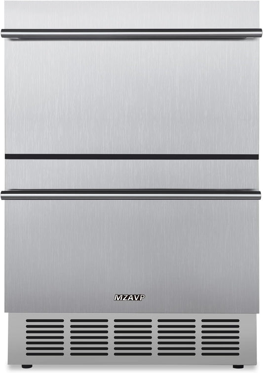 24 Inch Double Drawer Fridge, Stainless Steel Outdoor Beverage Refrigerator for Patio and Kitchen, Freestanding or Built-In, Mobile Grid Organizer, Home and Commercial Use