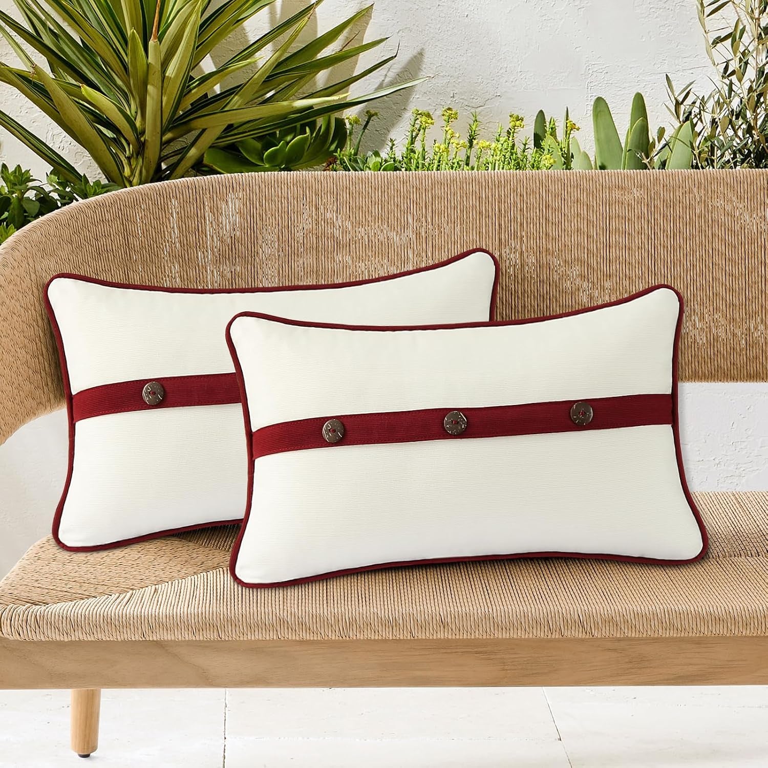 Outdoor Sunbrella Decorative Pillows with Triple Coconut Buttons Pack of 4, 20" X 12" Outdoor Pillow Set for Couch Bed Throw Patio Sofa, Spectrum Eggshell/Spectrum Ruby