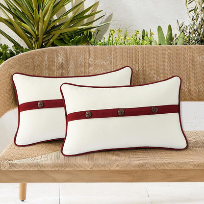 Outdoor Sunbrella Decorative Pillows with Triple Coconut Buttons Pack of 4, 20" X 12" Outdoor Pillow Set for Couch Bed Throw Patio Sofa, Spectrum Eggshell/Spectrum Ruby