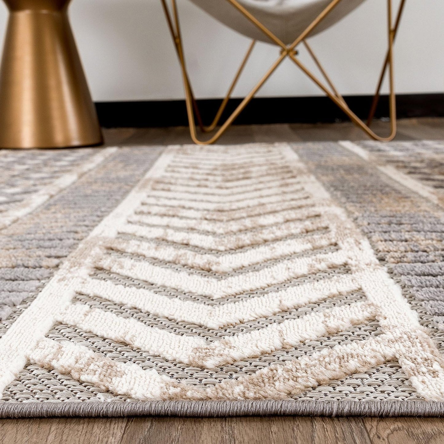 Distressed Geometric Indoor/Outdoor Beige Area Rug Modern Tribal Stripe, Durable Stain Resistant Perfect for Patio, Backyard, Deck and Outdoor Lounge 5' X 7'