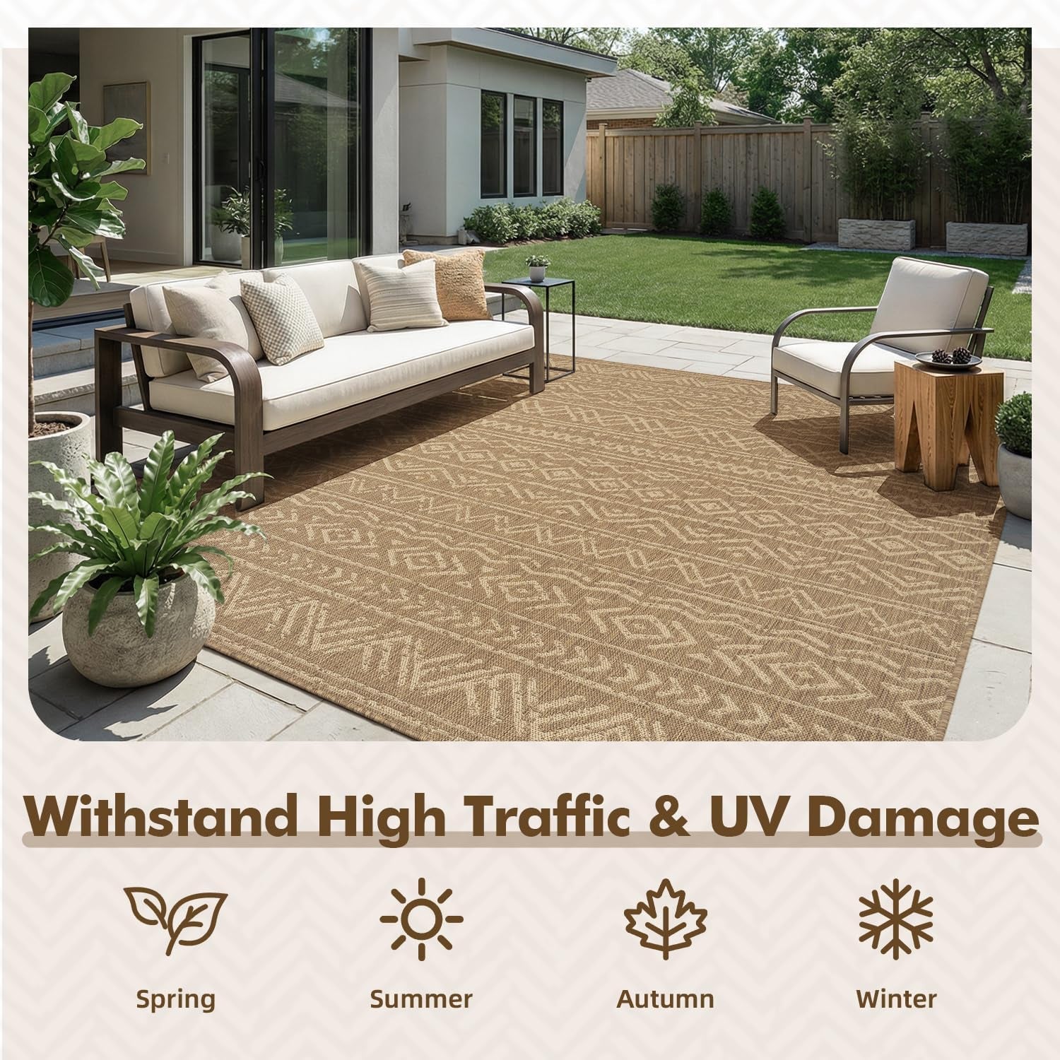 -Outdoor Rug-Patio Rug 8X10 Polypropylene Indoor Outdoor Rug Outdoor Carpet for Patio Deck Balcony Porch, Textured Weave, Durable for High Traffic, Fade-Resistant, Boho Farmhouse Neutral Brown