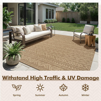 -Outdoor Rug-Patio Rug 8X10 Polypropylene Indoor Outdoor Rug Outdoor Carpet for Patio Deck Balcony Porch, Textured Weave, Durable for High Traffic, Fade-Resistant, Boho Farmhouse Neutral Brown