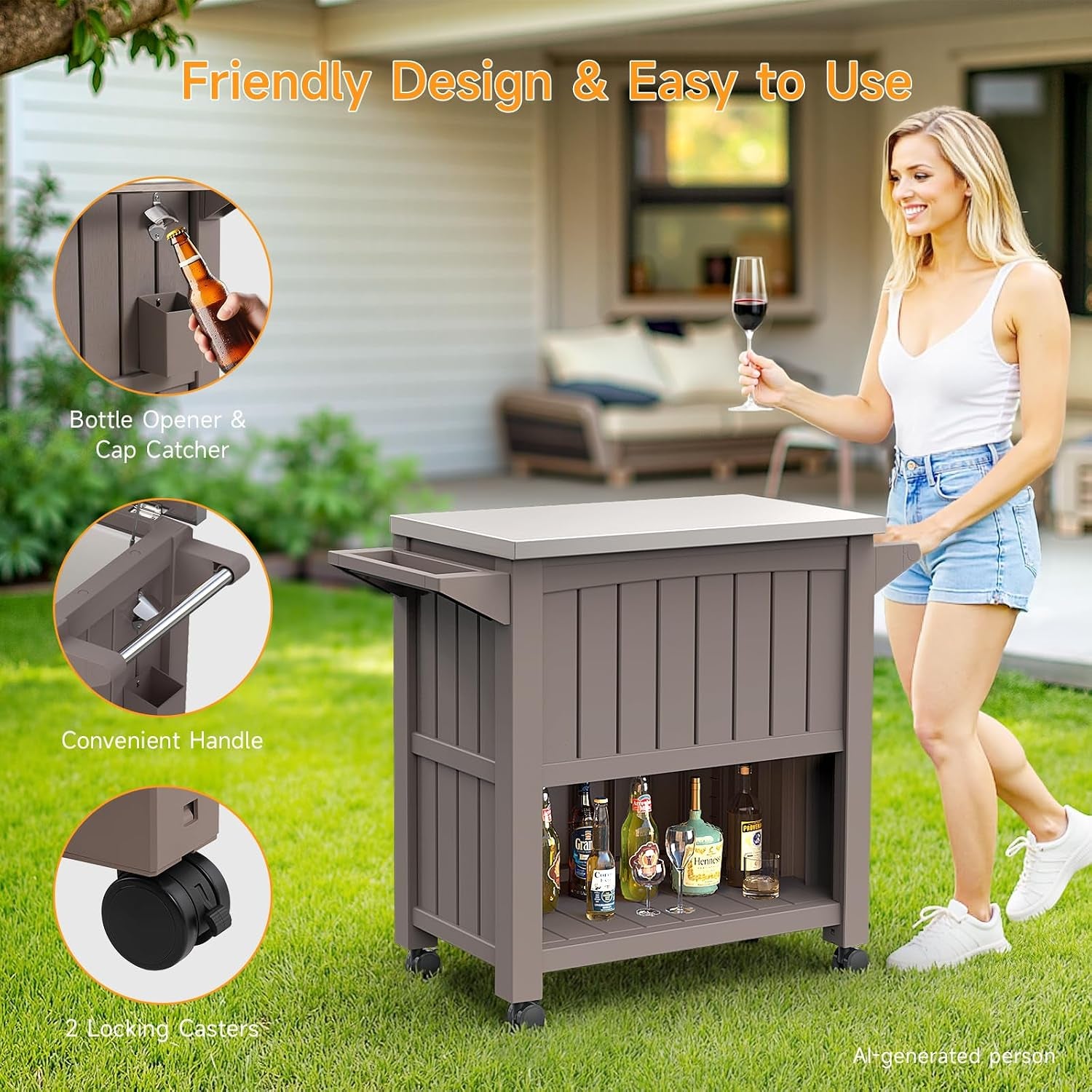 120-Quart Patio Cooler with Wheels, Outdoor Portable Rolling Cooler with Bottle Opener & Shelves, Stainless Steel Lid, Backyard Rolling Ice Chest for BBQ Party Camping Cookouts, Light Brown