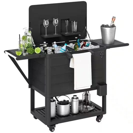 104 Qt. Large Capacity Patio Cooler Cart, Ice Chest with Bottle Opener and Shelves, Outdoor Beverage Bar Cart in Black